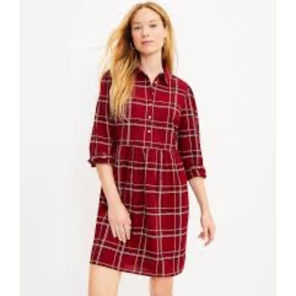 LOFT Red Plaid Swing Shirtdress, size L